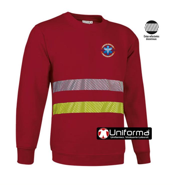 Sudadera de trabajo de color rojo con bandas reflectantes y de alta visibilidad del tipo segmentadas con impresión de logo de empresa, personalizada en uniforma