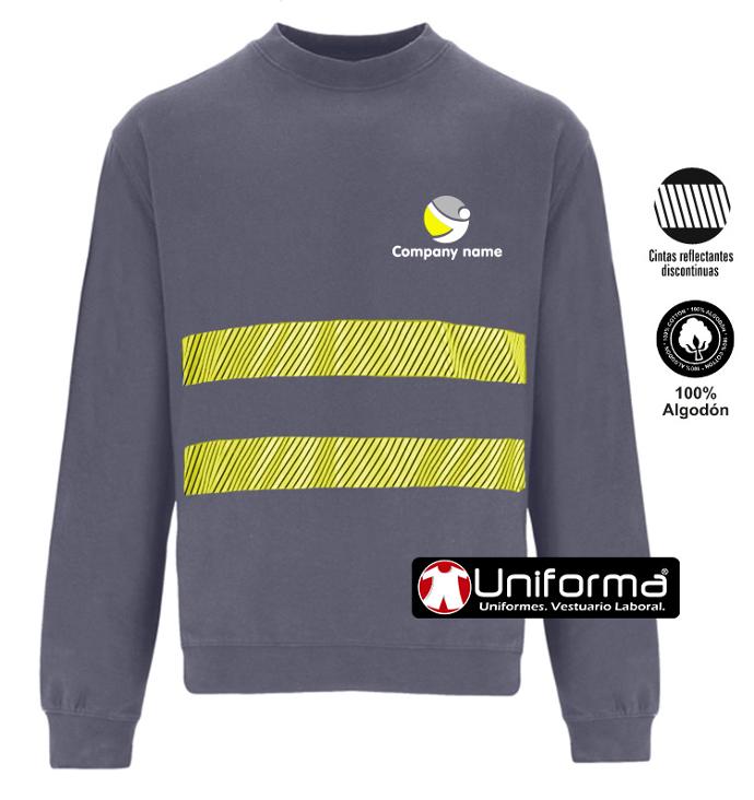 Sudadera de trabajo de color gris de algodón 100% grueso personalizada con bandas reflectantes y de alta visibilidad con logo y nombre de empresa en uniforma