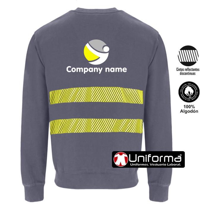 Sudadera de trabajo de color gris de algodón 100% grueso personalizada con bandas reflectantes y de alta visibilidad con logo y nombre de empresa en uniforma