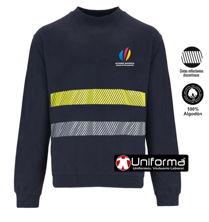 Sudadera de trabajo de color marino de algodón 100% grueso personalizada con bandas reflectantes y de alta visibilidad con logo y nombre de empresa en uniforma