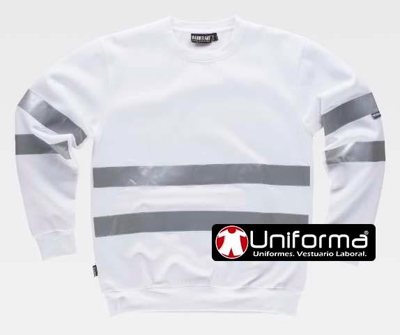 Sudadera de trabajo blanca con cintas reflectantes de color gris personalizable con logo de empresa en uniforma