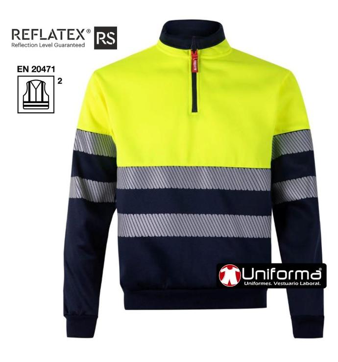 Sudadera de trabajo reflectante de alta visibilidad Clase 1, de cuello alto, diseño bicolor, cierre de cremallera, personalizable con logo de empresa en Uniforma