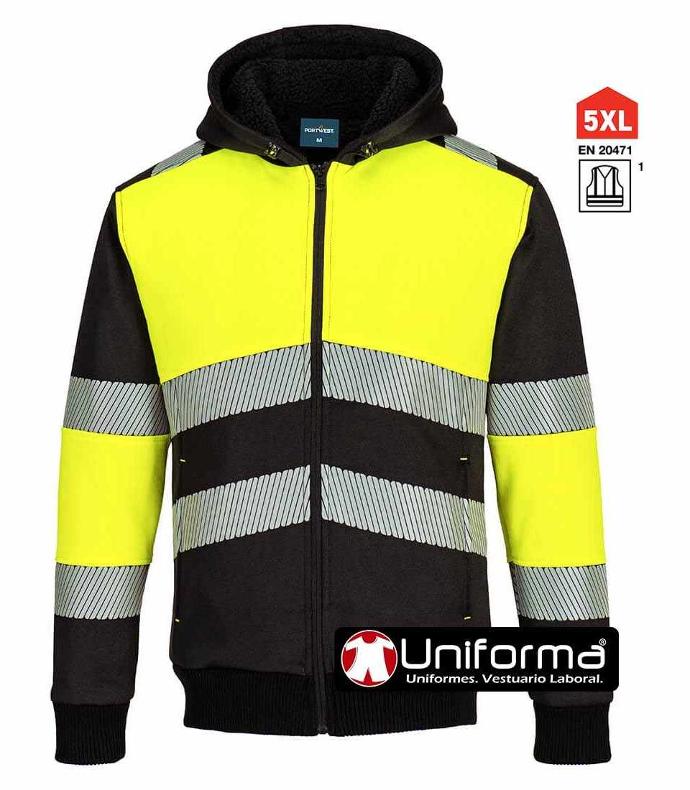 Sudadera de trabajo reflectante de alta visibilidad Clase 1 con capucha y bandas reflectantes segmentadas, combinada amarillo y negro, personalizable con logo de empresa en Uniforma