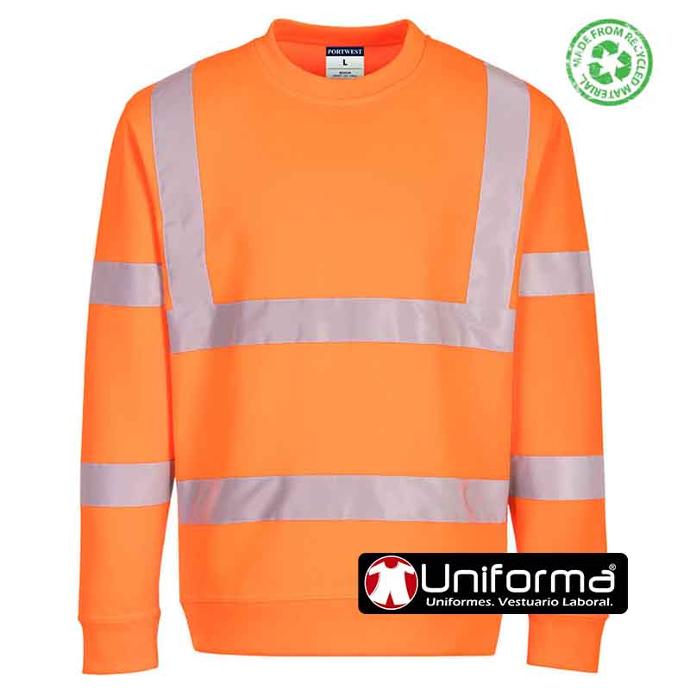 Sudadera de trabajo naranja reflectante de alta visibilidad clase 3 de poliéster reciclado personalizable con logo de empresa en uniforma