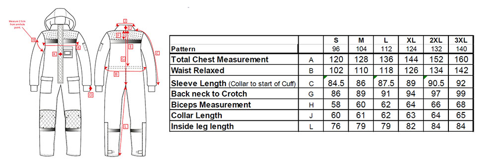 Tabla de medidas de buzo para cámara frigorífica y frío intenso en Uniforma