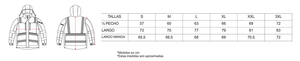 Tabla de medidas de Parka Acolchada Roja Bicolor con Reflectantes en Uniforma
