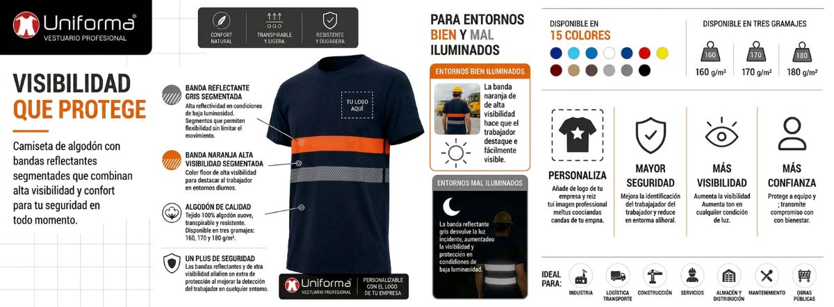 Camiseta Algodón Bandas Reflectantes y Naranja Flúor Camiseta Algodón Bandas Reflectantes y Naranja Flúor en Uniforma