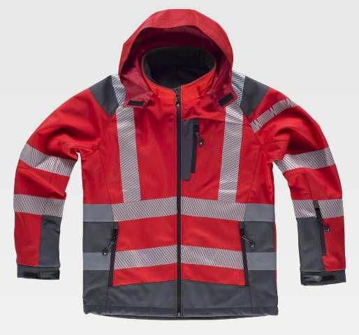 Chaqueta de trabajo tipo softshell de alta visibilidad roja con bandas reflectantes segmentadas personalizable con logo de empresa en uniforma 