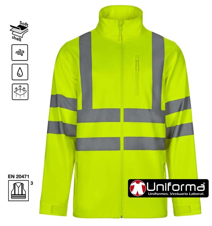 Chaqueta de trabajo tipo softshell de color amarillo alta visibilidad reflectante en clase 3 personalizablle con logo de empresa en uniforma