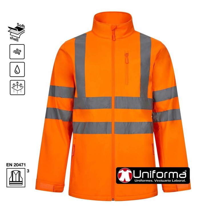 Chaqueta de trabajo tipo softshell de color naranja alta visibilidad reflectante en clase 3 personalizablle con logo de empresa en uniforma