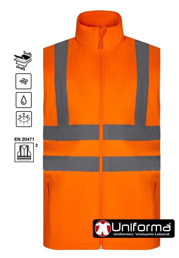 Chaleco d etrabajo tipo softshell de color naranja reflectante de alta visibilidad clase 3 en uniforma