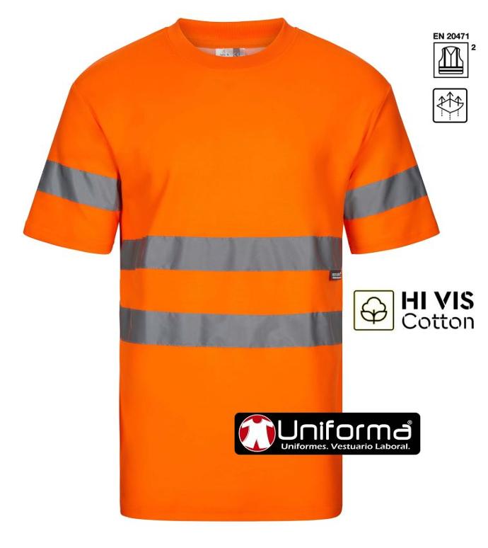 Camiseta de trabajo de alta visibilidad reflectante homologada EN iso 20471 clase 2 con algodón por dentro de la gama hi vis cotton, personalizable con logo de empresa en uniforma.net