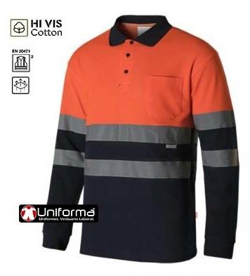 Polo de manga larga de alta visibilidad en tejido de algodón Hi Vis Cotton con bolsillo y cuello a contraste personalizable con logo de empresa en uniforma