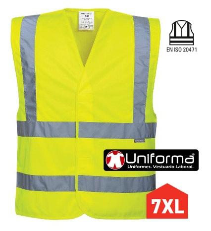 Chaleco de trabajo reflectante de alta visibilidad en tallas grandes 5XL 6XL 7XL en color amarillo y naranja, homologado en alta visibilidad EN ISO 20471 Clase 2, distintivo CE, personalizable con logo de empresa en Uniforma