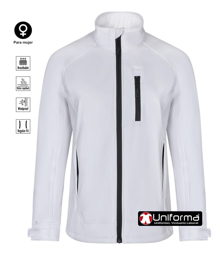 Chaqueta blanca de trabajo tipo softshell de mujer de tres capas, repelente del agua, transpirable y corta vientos, con hechura femenina entalladas, con cierre de cremallera central, y puños ajustables, pata un ajuste óptimo al cuerpo femenino de la mujer, personalizable con logo de empresa en uniforma 