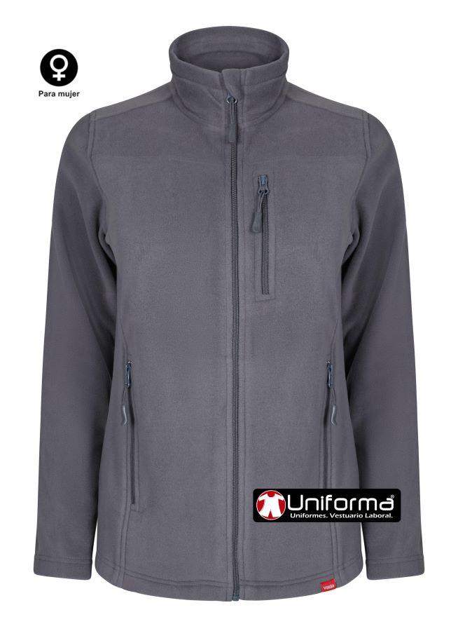 Chaqueta de trabajo de tejido polar entallada de mujer, con hechura femenina, con cierre central de cremallera, cuello alto para proteger del frío, y bolsillos con cierre de cremallera, disponible en 5 colores y personalizable con logo de empresa en uniforma. 