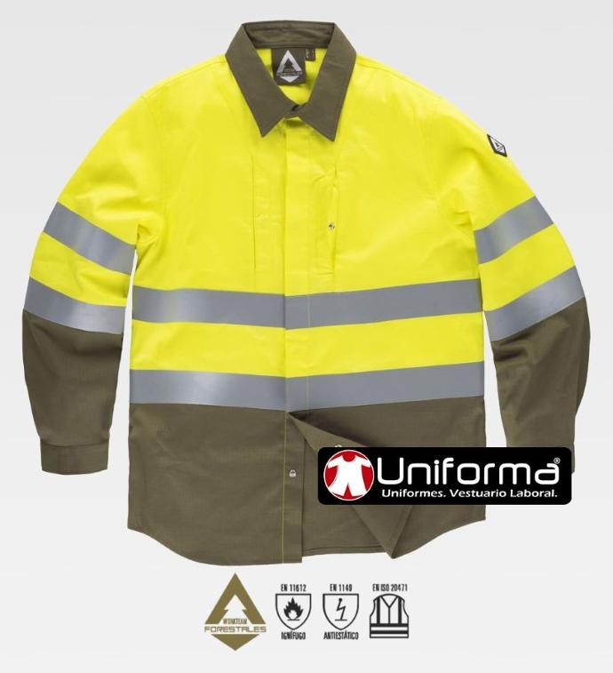 Camisa de trabajo ignífuga forestal anti estática de alta visibilidad con bandas reflectantes ignífugas, personalizable con logo de empresa en uniforma