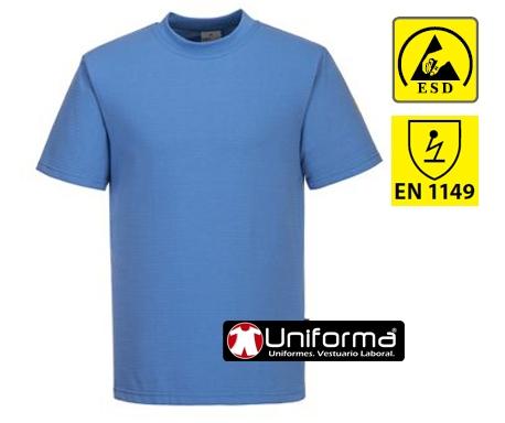 Camiseta celeste ESD EN1149 disipativa antiestática de algodón con fibra de carbono conductora, personalizable con logo de empresa en uniforma