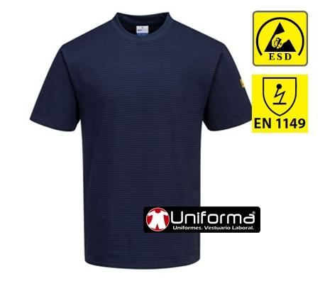 Camiseta Azul marino ESD EN1149 disipativa antiestática de algodón con fibra de carbono conductora, personalizable con logo de empresa en uniforma