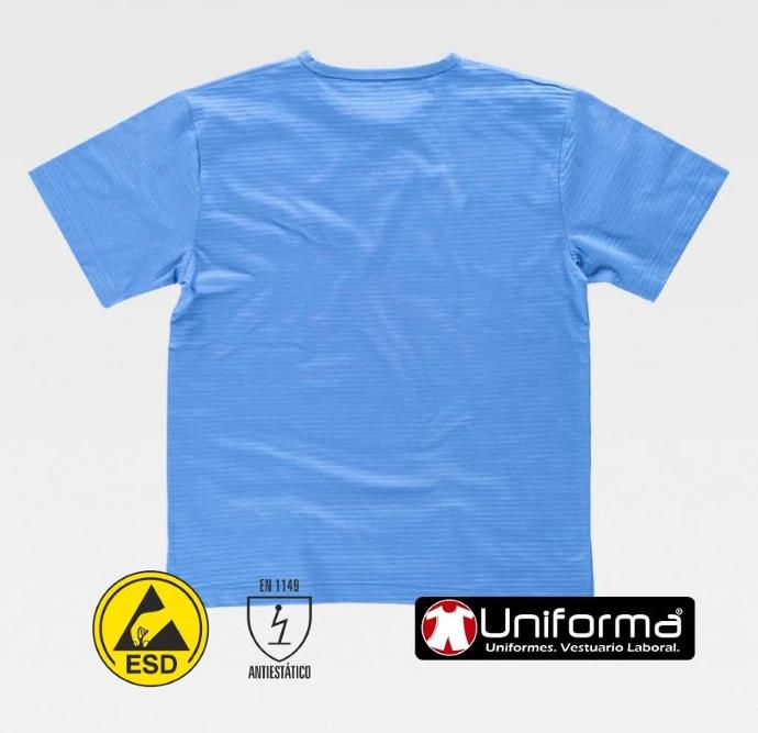 Camiseta antiestática ESD Azul Celeste disipativa ESD EN1149 con fibra de carbono conductora en su composición, de manga corta y algodón, personalizable con logo de empresa en uniforma