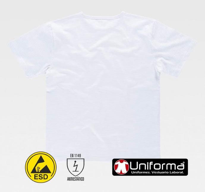 Camiseta antiestática ESD blanca disipativa ESD EN1149 con fibra de carbono conductora en su composición, de manga corta y algodón, personalizable con logo de empresa en uniforma
