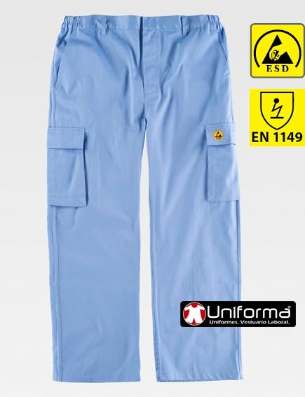 Pantalón de trabajo ESD EN1149 disipativo anti estático con fibra de algodón y poliéster con fibra conductora personalizable con logo de empresa en uniforma