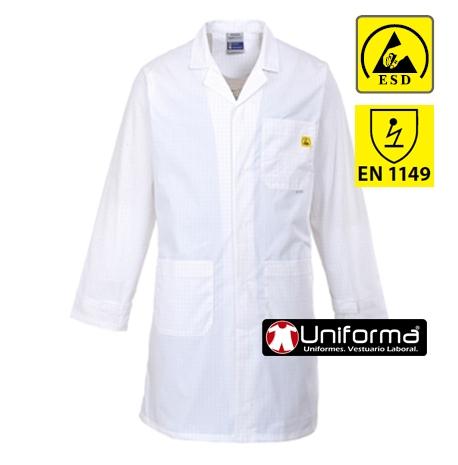 Bata de trabajo blanca ESD EN1149 disipativa anti estática con fibra conductora para la protección de componentes electrónicos, personalizable con logo de empresa en uniforma