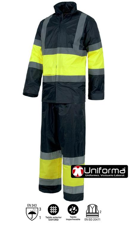 Conjunto impermeable traje de lluvia de dos piezas de chaqueta con capucha y pantalón de alta visibilidad EN ISO 20471 Clase 2 y lluvia EN343 de color marino personalizable con logo de empresa en uniforma