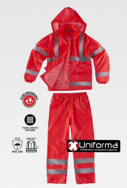 Conjunto de lluvia impermeable de color rojo de alta visibilidad homologado EN ISO 20471 en clase 3 personalizable con logo de empresa en uniforma