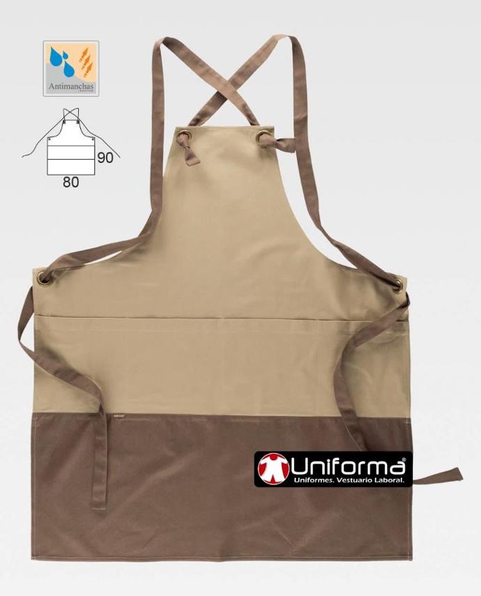 Delantal de cocina en tejido canvas rústico resistente y recio combinado con canvas marrón personalizable con logo de empresa en uniforma