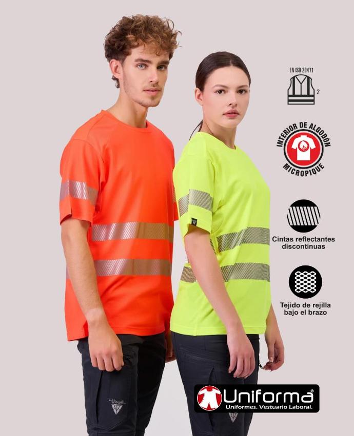 Camiseta de trabajo reflectante de alta visibilidad con algodón 100% por dentro en contacto con la piel, tejido de rejilla y bandas reflectante segmentadas  personalizable con logo de empresa en uniforma