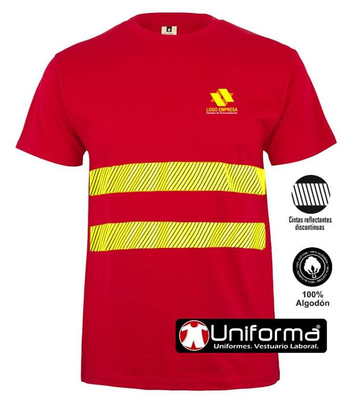 Camiseta de trabajo de algodón 100% de cuello redondo y manga corta personalizada con banda segmentada discontinua en color amarillo fluor de alta visibilidad con logo de empresa en Uniforma