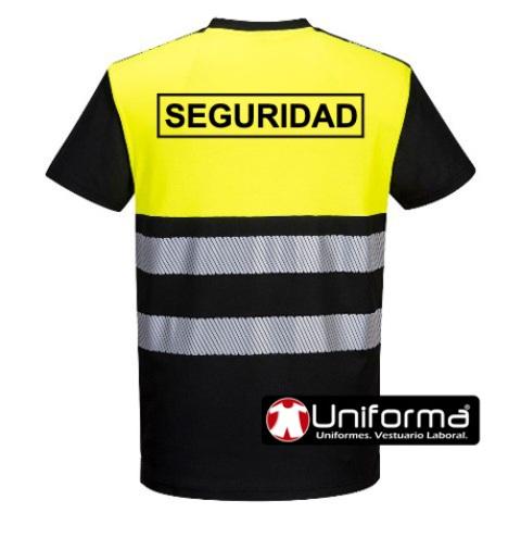 Camiseta de trabajo de alta visibilidad amarilla flúor combinada con negro, con bandas reflectantes, personalizada con logo de empresa en uniforma