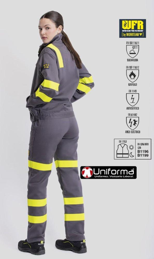 Pantalón de trabajo ignífugo resistente a la llama con fibra conductora que lo hace anti estático, y que protege contra el arco eléctrico y la soldadura, con bandas reflectantes ignífugas, para visibilidad realzada según EN17353, personalizable con logo de empresa en uniforma 