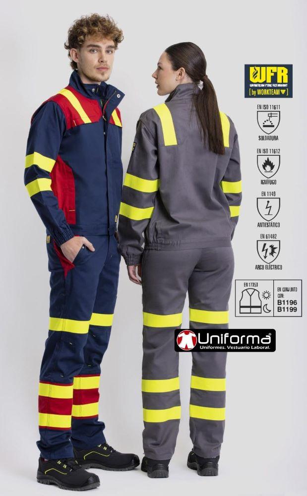 Pantalón de trabajo ignífugo resistente a la llama con fibra conductora que lo hace anti estático, y que protege contra el arco eléctrico y la soldadura, con bandas reflectantes ignífugas, para visibilidad realzada según EN17353, personalizable con logo de empresa en uniforma 