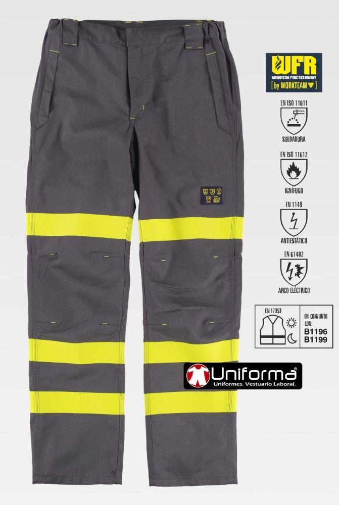 Pantalón de trabajo ignífugo resistente a la llama con fibra conductora que lo hace anti estático, y que protege contra el arco eléctrico y la soldadura, con bandas reflectantes ignífugas, para visibilidad realzada según EN17353, personalizable con logo de empresa en uniforma 