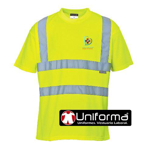 Camiseta de alta visibilidad de manga corta amarilla reflectante en tallas grabndes y muy grandes hasta la talla 6XL personalizable con logo de empresa en uniforma 