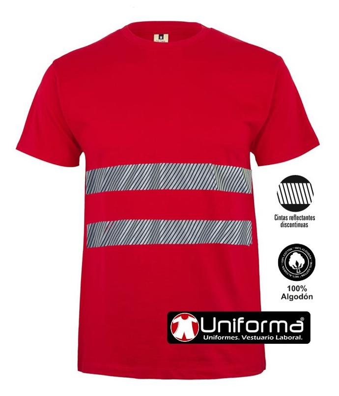 Camiseta de trabajo roja de algodón con bandas reflectantes personalizable con logo de empresa en uniforma