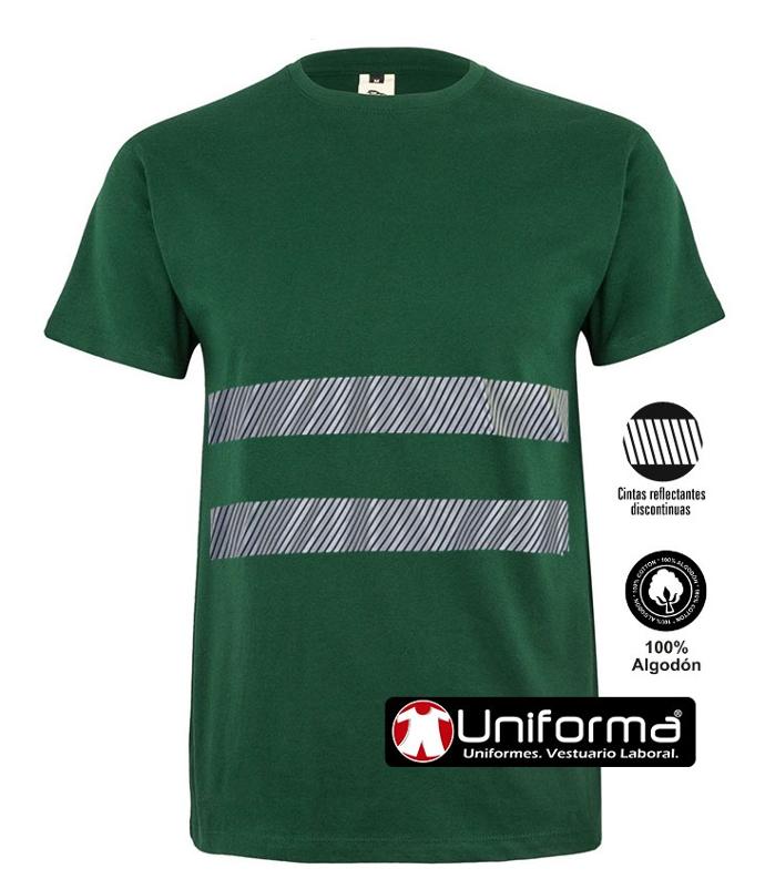 Camiseta de trabajo verde de algodón con bandas reflectantes personalizable con logo de empresa en uniforma