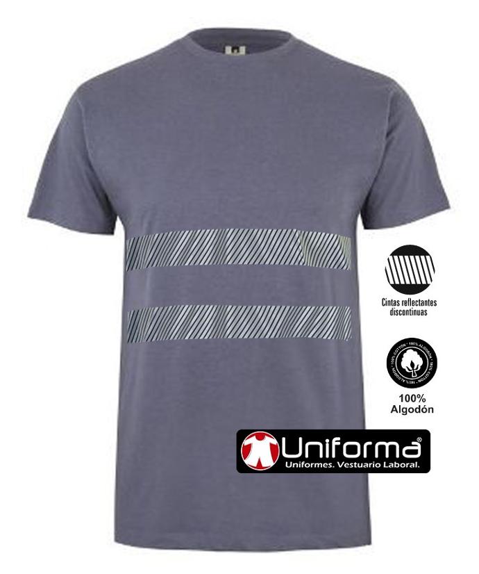 Camiseta de trabajo gris de algodón con bandas reflectantes personalizable con logo de empresa en uniforma