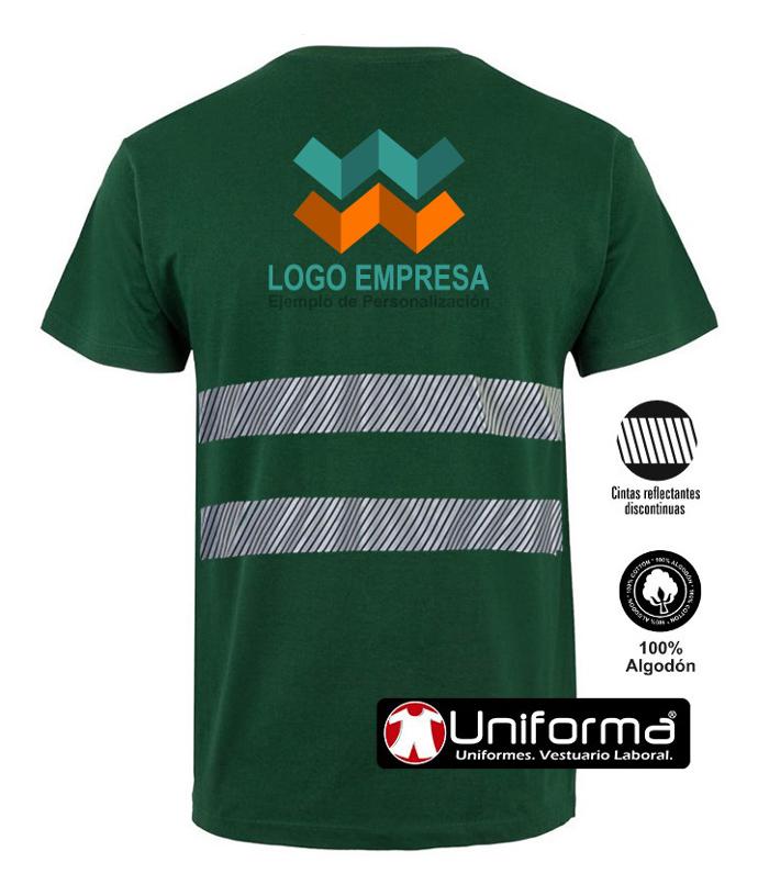 Camiseta de trabajo verde de algodón con bandas reflectantes personalizable con logo de empresa en uniforma