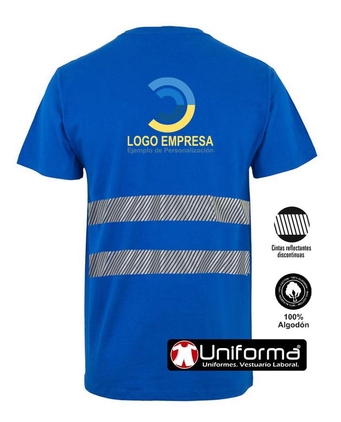 Camiseta de trabajo azul royal de algodón con bandas reflectantes personalizable con logo de empresa en uniforma