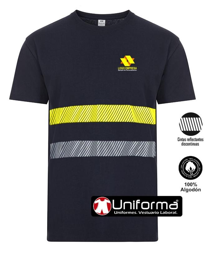 Camiseta de trabajo de algodón con bandas reflectantes de alta visibilidad de color gris y amarillas para mas seguridad en entornos bien y poco iluminados, cómodas, transpirables, hipoalergénicas de 100% algodón, personalizables con logo de empresa en Uniforma