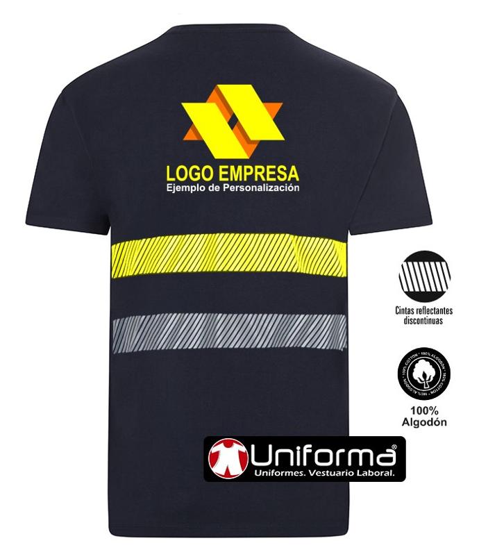 Camiseta de trabajo de algodón con bandas reflectantes de alta visibilidad de color gris y amarillas para mas seguridad en entornos bien y poco iluminados, cómodas, transpirables, hipoalergénicas de 100% algodón, personalizables con logo de empresa en Uniforma