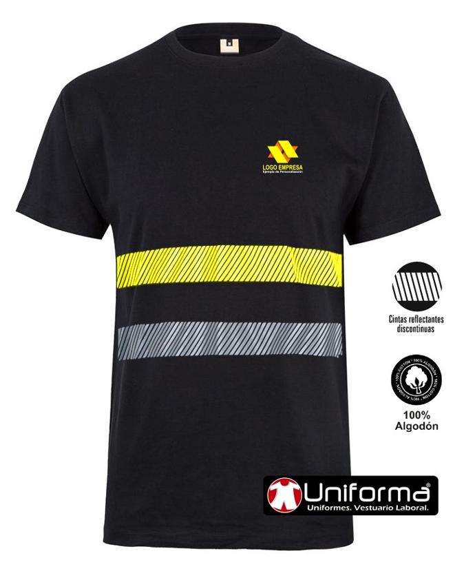 Camiseta de trabajo de algodón con bandas reflectantes de alta visibilidad de color gris y amarillas para mas seguridad en entornos bien y poco iluminados, cómodas, transpirables, hipoalergénicas de 100% algodón, personalizables con logo de empresa en Uniforma