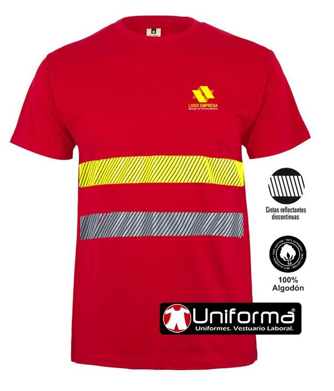 Camiseta de trabajo de algodón con bandas reflectantes de alta visibilidad de color gris y amarillas para mas seguridad en entornos bien y poco iluminados, cómodas, transpirables, hipoalergénicas de 100% algodón, personalizables con logo de empresa en Uniforma