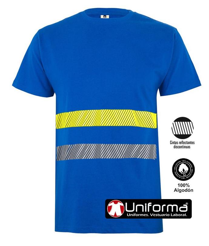 Camiseta de trabajo de algodón con bandas reflectantes de alta visibilidad de color gris y amarillas para mas seguridad en entornos bien y poco iluminados, cómodas, transpirables, hipoalergénicas de 100% algodón, personalizables con logo de empresa en Uniforma