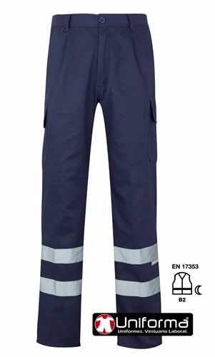 Pantalón de trabajo marino con bandas o cintas reflectantes de alta visibilidad personalizable con logo de empresa en uniforma