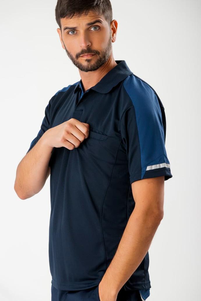 Polo de trabajo técnico bicolor en tejido transpirable, resistente e indeformable, personalizable con logo de empresa en uniforma