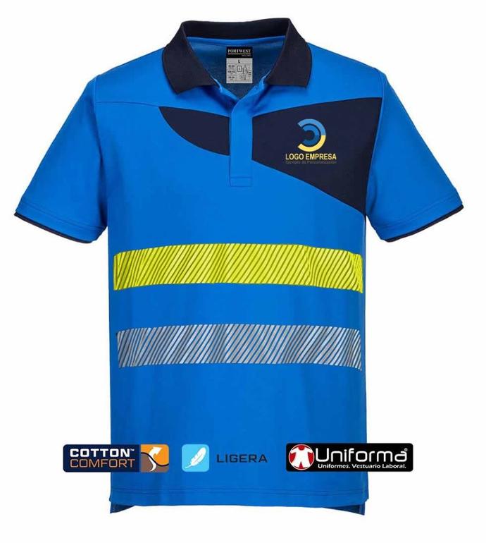 Polo de trabajo en tejido cotton comfort personalizado con logos de empresa y bandas reflectantes en uniforma